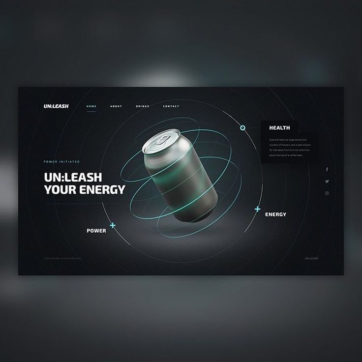 Dark homepage design for an energy drink with a can surrounded by glowing rings