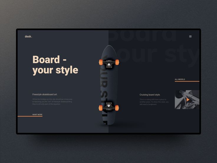 Dark homepage design for a skateboard brand with a large headline and a skateboard image